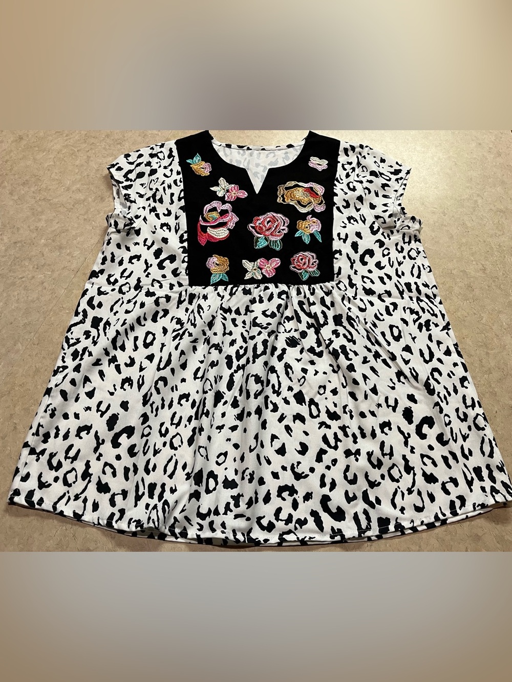 Floral Embroidered Black & White Leopard Print Blouse